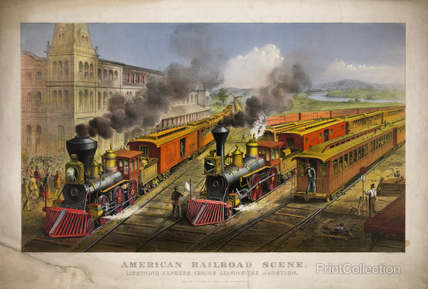 American Railroad Scene: Lightning Express trains leaving the junction
