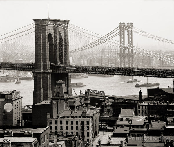 Brooklyn Bridge and New York Skyline and Harbor